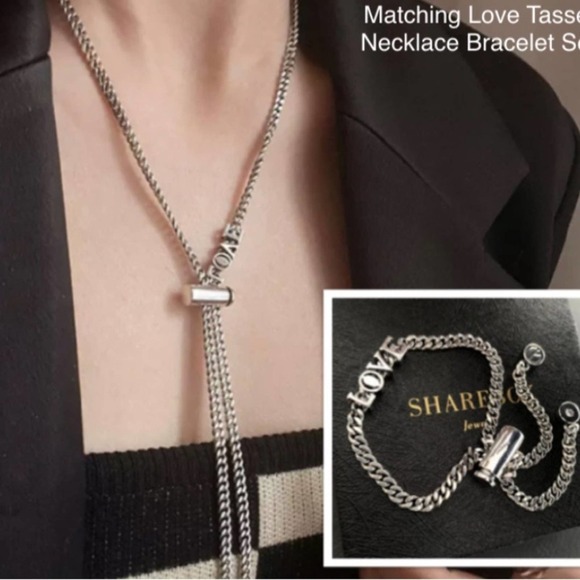 Sterling Silver Love Tassel Necklace Bracelet Matching Set - Picture 10 of 10